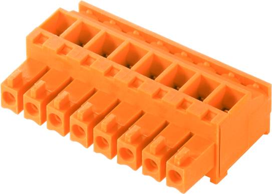 Orange Steckverbinder mit zehn Anschlüssen in zwei Reihen, geeignet für elektrische Verbindungen.