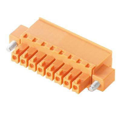 Ein orangefarbener elektrischer Steckverbinder mit mehreren Pins und zwei Schrauben an den Seiten für sichere Befestigung.