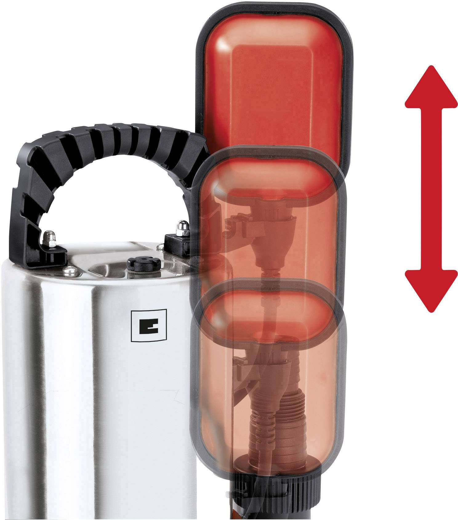 Automatisches Niveauregulierungssystem mit rotem Schwimmer, das den Wasserstand in einem Behälter regelt. Detaillierte Ansicht des Schwimmers und des Steuerkastens.