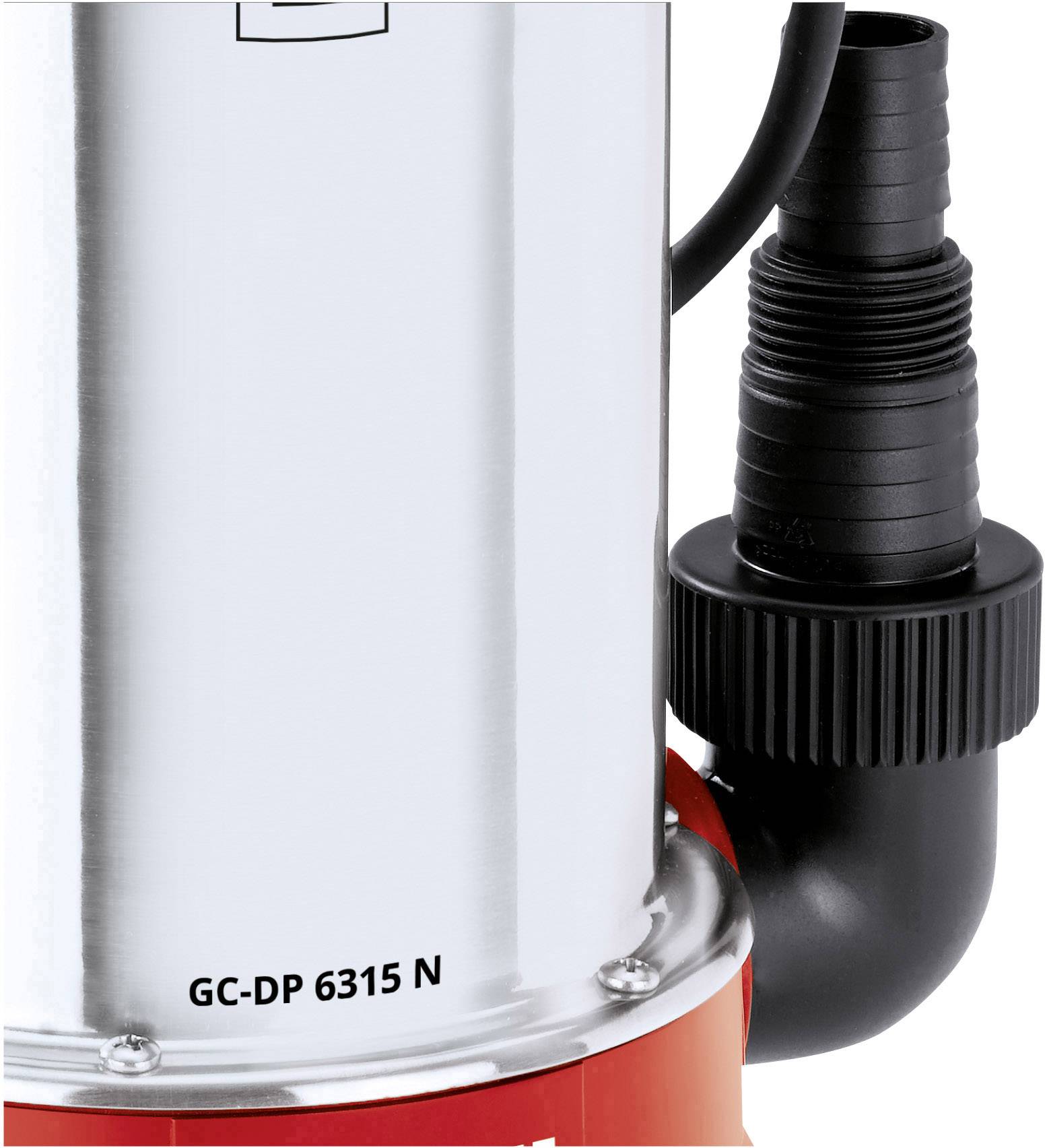 Ausschnitt einer Wasserpumpe mit Metallgehäuse und Kunststoffanschluss. Aufschrift: 'GC-DP 6315 N'.