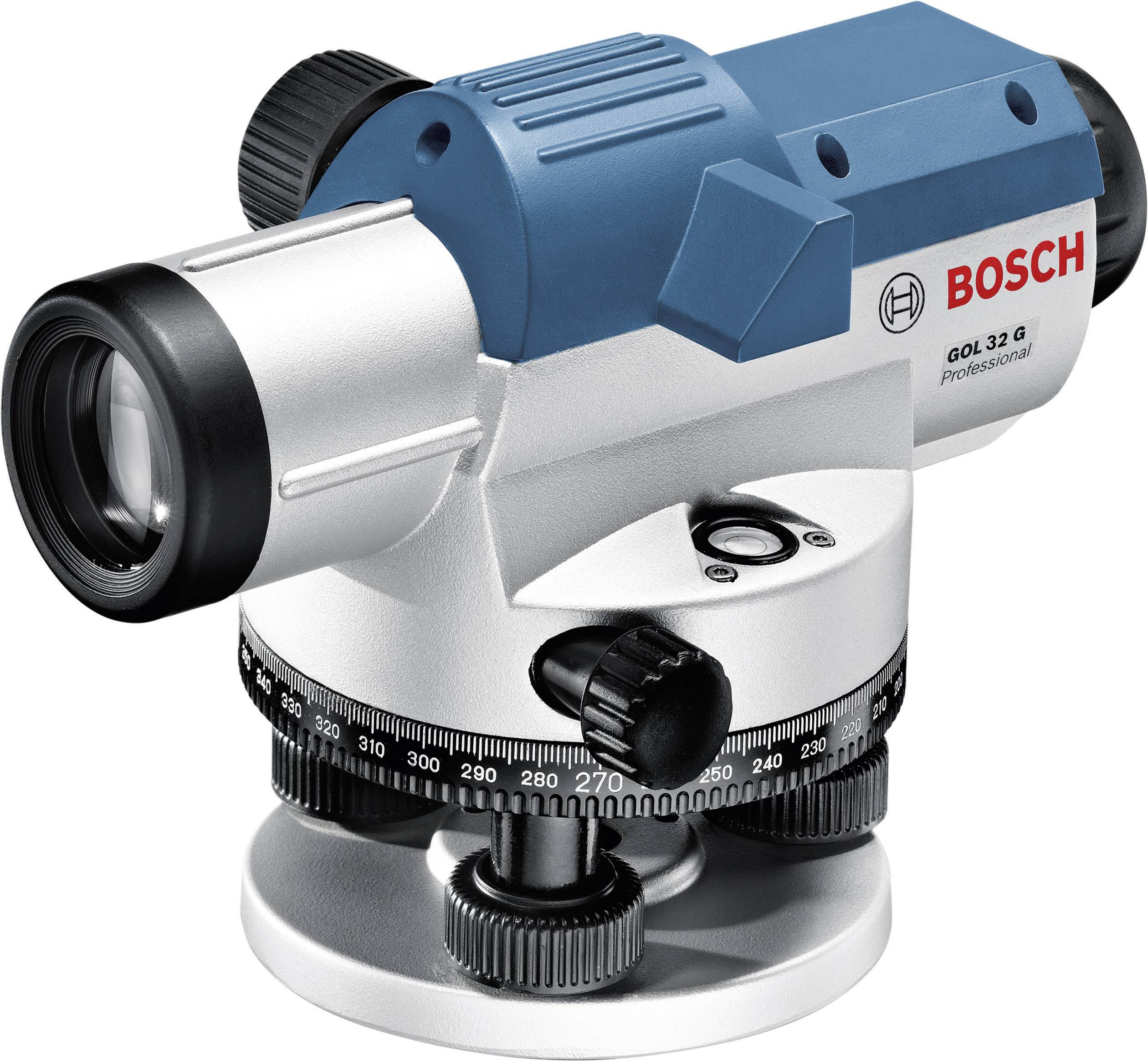 Optisches Nivelliergerät von Bosch, Modell GOL 32 G, mit Vergrößerungslinse und drehbarem Justierrad für präzise Messungen.