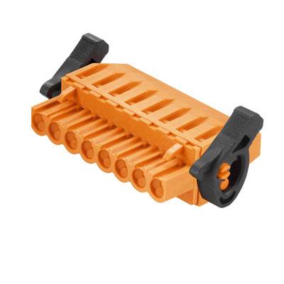 Ein orangefarbener Stecker mit acht Anschlüssen und zwei schwarzen Halteklammern an den Enden. Geeignet für elektrische Verbindungen.