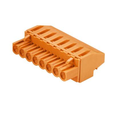 Orangefarbener, rechteckiger Kunststoff-Stecker mit mehreren Anschlussmöglichkeiten, geeignet für elektronische Verbindungen.