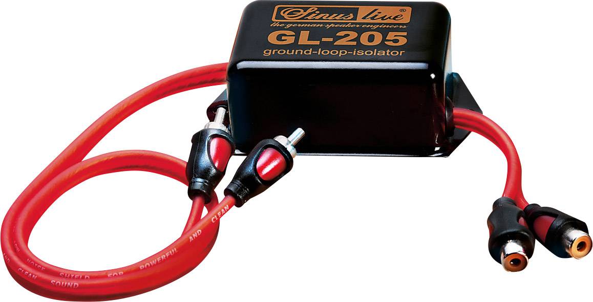 Schwarzer Ground-Loop-Isolator mit der Aufschrift 'GL-205', verbunden mit zwei roten Audiokabeln mit Cinch-Steckern.