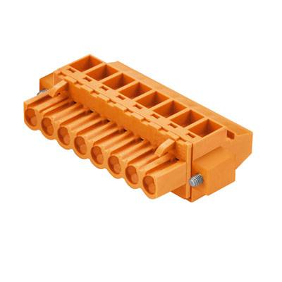Ein orangefarbener Steckverbinder mit mehreren Anschlüssen und Schraubverbindungen, geeignet für elektronische oder elektrische Anwendungen.