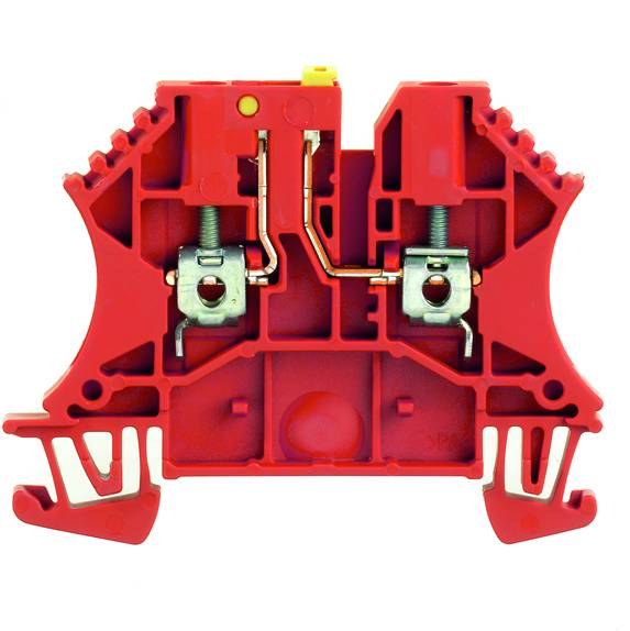 Rote elektrische Reihenklemme mit zwei Schraub-Anschlussklemmen. Dient zur sicheren Verbindung von elektrischen Leitungen auf einer Hutschiene.
