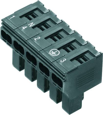 Schwarze elektrische Steckklemme mit sechs nummerierten Anschlüssen, davon einer mit Erdungssymbol. Nummerierung: 1, 4, N, 2, 3.