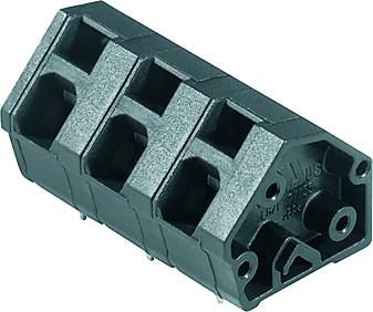 Elektrischer Steckdosenblock mit vier Steckplätzen, rechteckige Form, schwarzes Gehäuse.