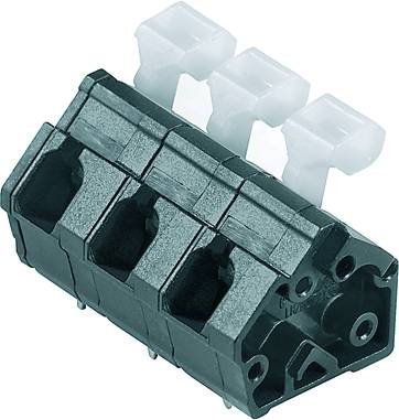 Dreifach-Schraubklemme mit schwarzen Steckplätzen und durchsichtigen Hebeln, geeignet für elektrische Kabelverbindungen.