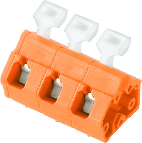 Orange Kunststoffklemme mit drei Steckplätzen und weißen Hebeln, zur sicheren Verbindung von elektrischen Kabeln.