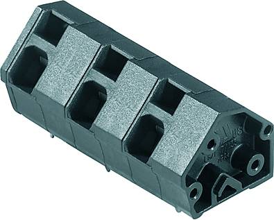 Ein schwarzer, rechteckiger elektrischer Steckverbinder mit drei Steckplätzen und einem abgewinkelten Design.