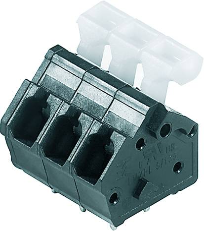 Ein schwarzer, dreipoliger elektrischer Steckverbinder mit weißen Hebeln zur Kabelbefestigung. Geeignet für Leiterplattenmontage.