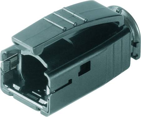 Ein schwarzer Kabelsteckergehäuse mit mehreren Einkerbungen und einem runden Ende, für die mechanische Verbindung von Kabeln.