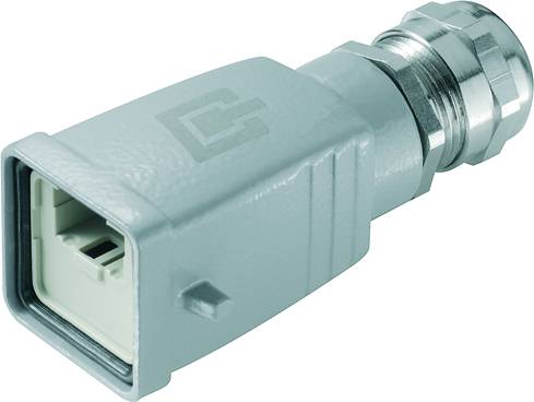 Ein grauer, rechteckiger elektrischer Steckeradapter mit einem Metallgewinde auf der rechten Seite.