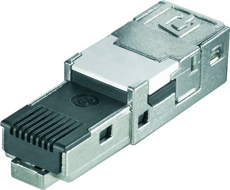 Ein silberner RJ45-Stecker, häufig für Netzwerkverbindungen verwendet, mit schwarzer Gummiabschirmung.