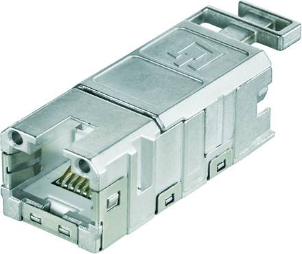 Metallener RJ45-Stecker in Nahaufnahme, zeigt die Buchsen- und Verriegelungsmechanismen zum Verbinden von Netzwerkkabeln.