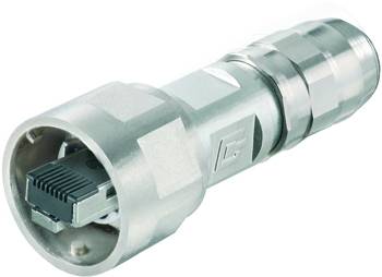 Ein silberfarbener, zylinderförmiger Adapter mit Ethernet-Anschluss, geeignet für industrielle Netzwerkanwendungen.