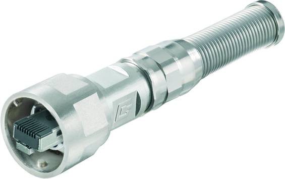 Ein metallischer, robuster RJ45-Netzwerkstecker mit Schutzverschluss, geeignet für industrielle Anwendungen.