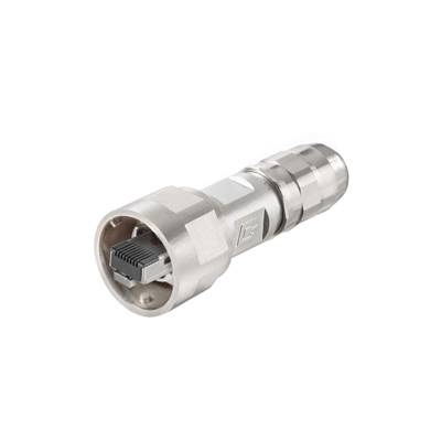 Ein silberner Ethernet-Stecker mit robustem Gehäuse, geeignet für industrielle Anwendungen.