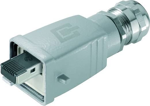 Industrieller Steckverbinder mit RJ45-Stecker, fest verbunden mit einem robusten, grauen Gehäuse, geeignet für raue Umgebungen.