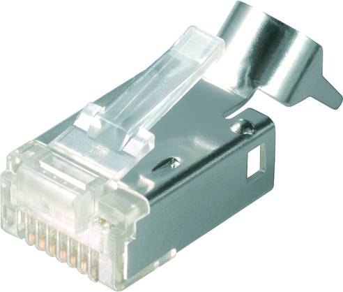 Ein RJ45-Stecker mit Metall- und Plastikanteilen, verwendet zur Verbindung von Netzwerkkabeln in Computernetzwerken.