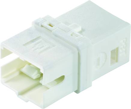 Weißer Kunststoff-Stecker, rechteckig, mit Rillen und einem Clip-Verschluss. Geeignet für elektrische Verbindungen.