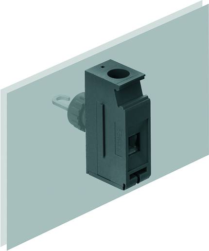 Ein schwarzer elektrischer Steckverbinder ist an einer grauen Oberfläche befestigt. Er hat einen rechteckigen Körper und scheint isoliert zu sein.