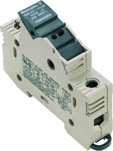 Ein kleiner, beige/weißer Leitungsschutzschalter von Weidmüller mit technischer Beschriftung und schwarzem Kippschalteraufsatz.