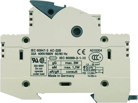 Elektronischer Schutzschalter mit Aufdruck: 'IEC 60947-3 AC-22B 32A 400V/690V 50/60 Hz'. Hergestellt in Deutschland.