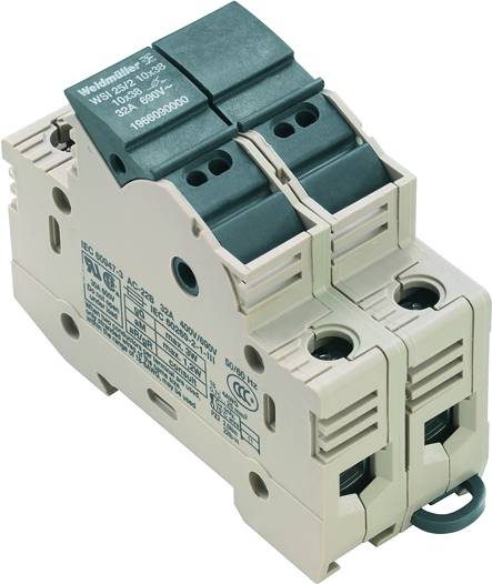 Leistungsschutzschalter mit zwei Schaltern und detaillierter Beschriftung. Verwendet in elektrischen Verteilerschränken zur Überstromsicherung.