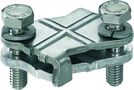 Metallischer Kreuzverbinder mit vier Schrauben, für stabile Befestigung von Metallteilen, geeignet für Bau- oder Elektroinstallationen.