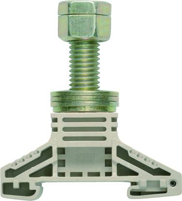 Graue Industrieklemme mit grünem Metallschraubbolzen, geeignet für elektrische Anwendungen und Maschinenverbindungen.