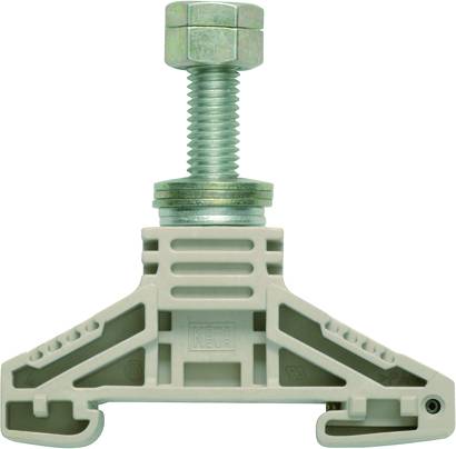 Ein höhenverstellbarer Kunststofffuß mit einer Metallschraube und Mutter, verwendet zur Stabilisierung und Ausrichtung von Gegenständen.