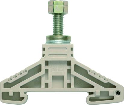 Ein grauer Kunststoffsockel mit zentraler Metallschraube zum Befestigen in technischen Anwendungen.