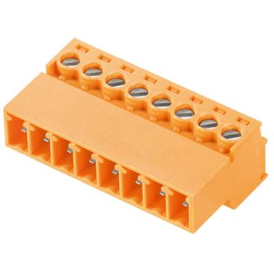 Orangefarbener elektrischer Steckverbinder mit acht Anschlusspunkten und Schraubverbindungen, für Kabelinstallation.