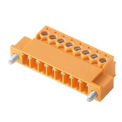 An orange electrical connector, rectangular, with eight pins and two metallic fixing screws on the sides.
