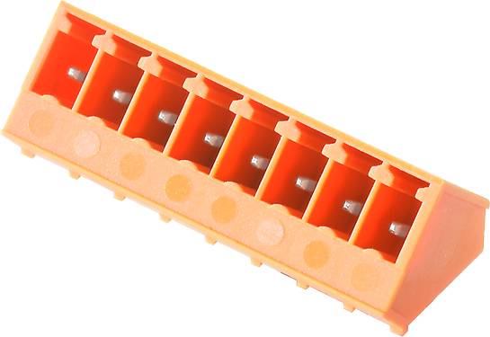 Orange rectangular electrical terminal strip with seven connection terminals, photographed diagonally from above.