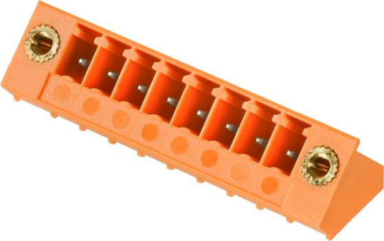 Orangefarbener Steckverbinder mit sechs Anschlüssen, seitlich gesehen, zeigt metallische Schraubbefestigungen an den Enden.