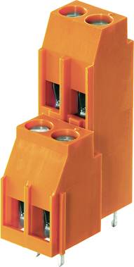 Orange Verbinder aus Kunststoff, doppelte Drahtanschlüsse, vertikales Design, montierbar auf Leiterplatten. Geeignet für Elektroinstallationen.