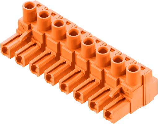 Orangefarbene elektrische Steckklemme mit acht Anschlussstellen für Kabel, zur sicheren Verbindung von elektrischen Leitungen.