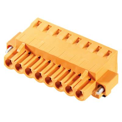 Ein orangefarbener elektrischer Stecker mit acht Anschlussplätzen in einer horizontalen Anordnung, meist für industrielle Anwendungen verwendet.