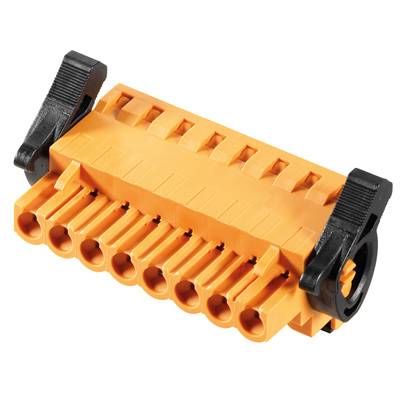 Ein orangefarbener Steckverbinder mit acht Steckplätzen und schwarzen Befestigungsklemmen an den Seiten.