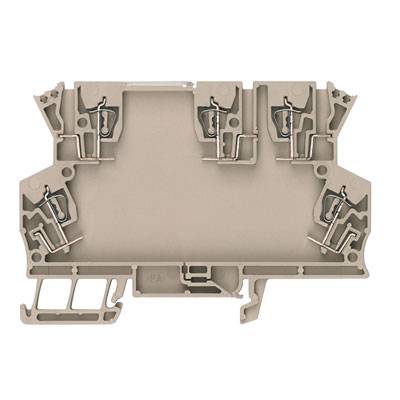 Ein beige Klemmenblock mit mehreren Metallelementen und Öffnungen, verwendet zur sicheren Verbindung von elektrischen Leitungen und Kabeln.