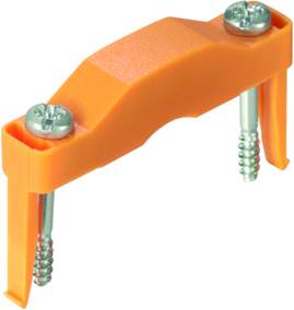 Orange Kabelklemme aus Kunststoff mit zwei integrierten Schrauben, zur Befestigung von Kabeln an Wänden oder Oberflächen.