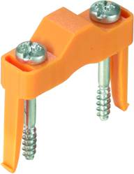 Ein orangefarbener Kabelhalter mit zwei Schrauben zur Befestigung. Ideal zur sicheren Installation von Kabeln an Wänden oder Decken.