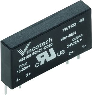 Schwarzes elektronisches Bauteil 'V23109-S2421-D020' von Vincotech, ein Solid State Relay, mit Spezifikationen für Eingang und Ausgang.