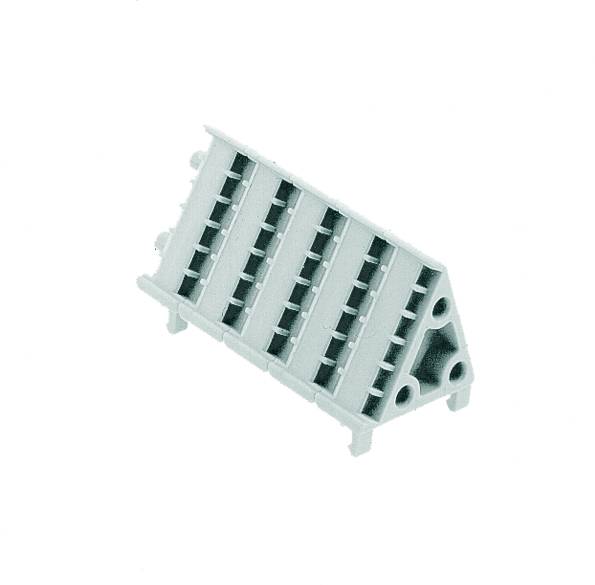 Ein graues, dreieckiges Kunststoffbauteil mit mehreren parallel verlaufenden Schlitzen, möglicherweise ein Konstruktionsspielzeug.