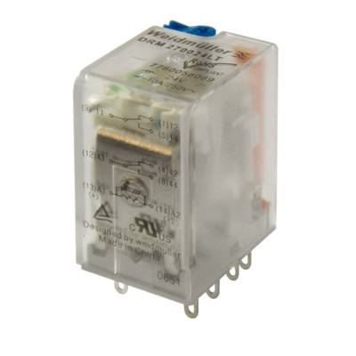 Ein transparentes Relaisgehäuse mit elektronischen Bauteilen, Aufschrift 'Weidmüller' und technischen Spezifikationen auf der Vorderseite.