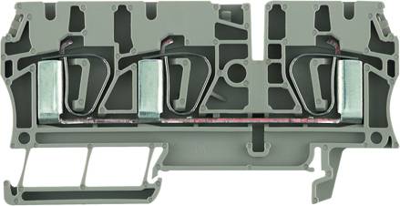 Ein grauer Kunststoff-Abschnitt eines elektrischen Steckverbinders mit Metallkontakten und Befestigungselementen.