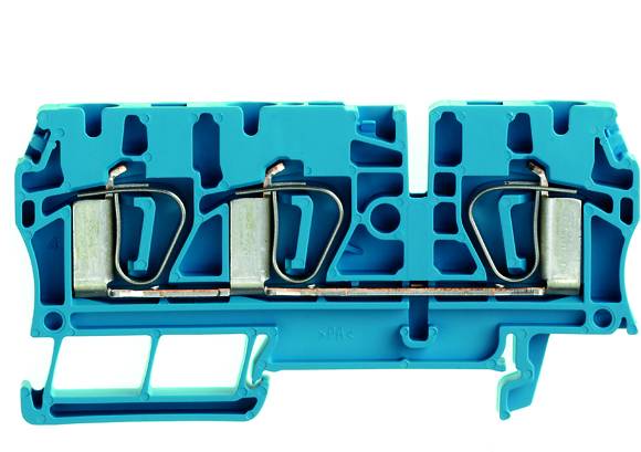 Blauer elektrischer Klemmblock mit zwei Metallklammern und mehreren Anschlussstellen, die zum Verbinden elektrischer Leitungen verwendet werden.